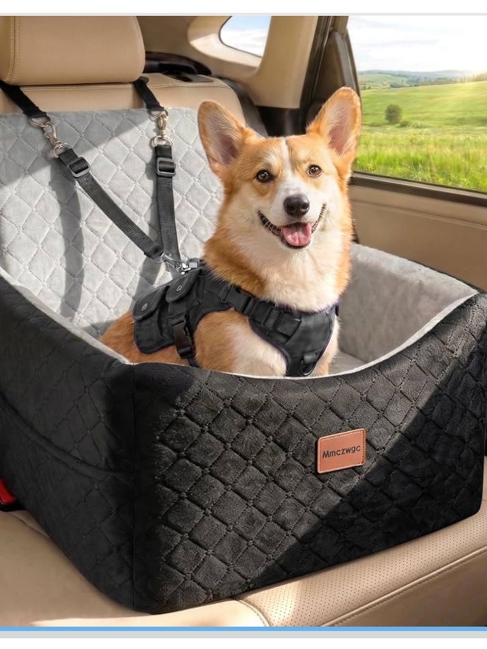 Black and gray plush dog booster travel car seat w/ extra high 6 “ cushion NEW